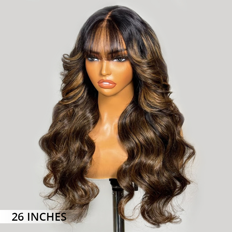 Zlike Balayage Highlights Fluffy Natural Loose Wave Wigs 100% Human Hair Lace Front Wigs With Bangs