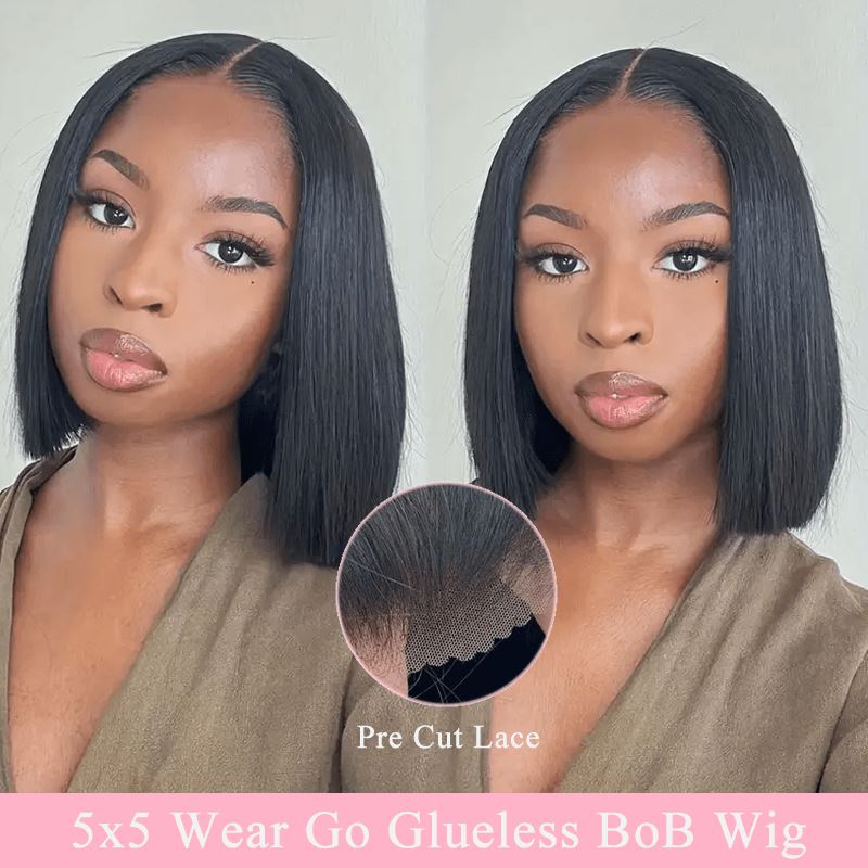 Short Straight Bob Glueless Lace Closure Transparent Lace Bob Wig 180% Density