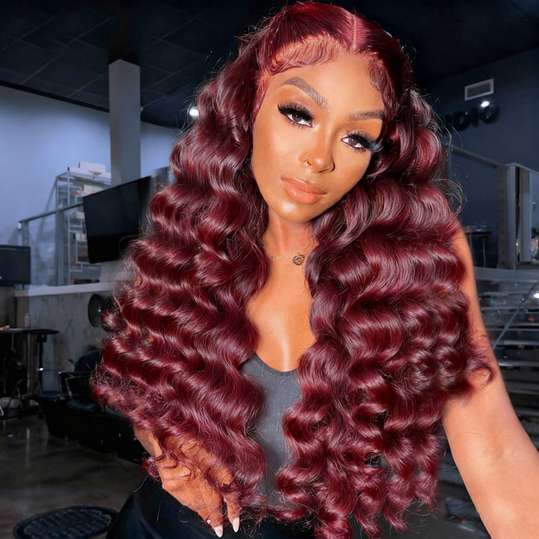 Zlike 300% Density 99J Burgundy Loose Deep Wigs Transparent Lace Front Virgin Human Hair Wigs