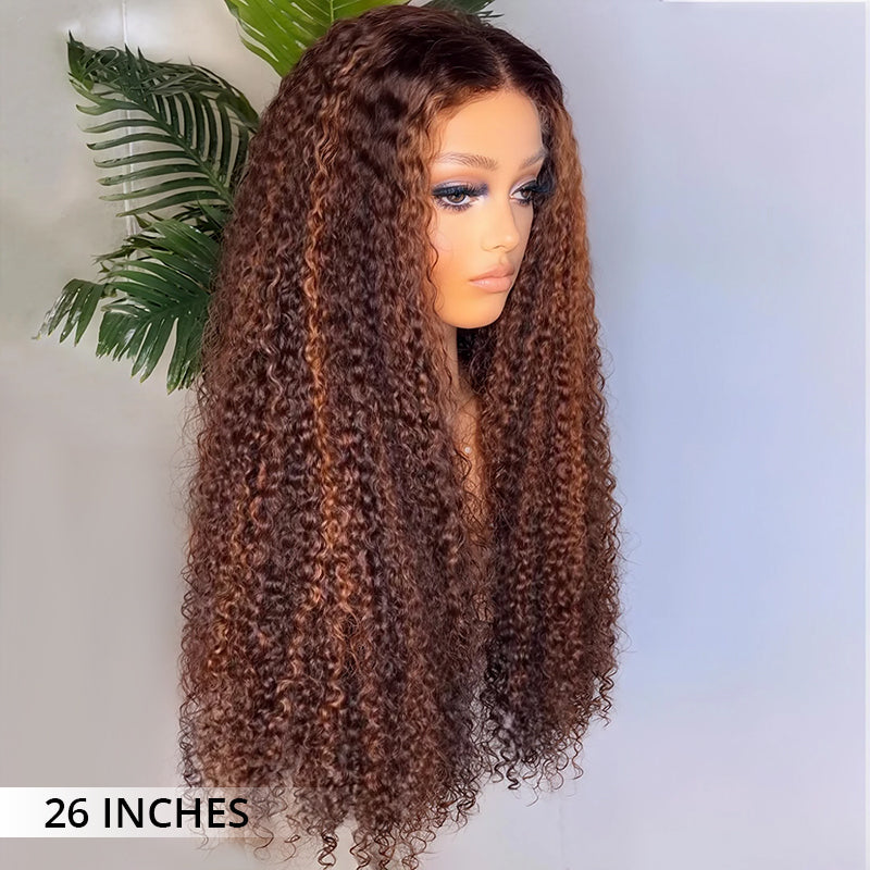 Honey Brown Highlights Kinky Curly Lace Front Wigs 100% Human Hair Pre Plucked Wigs For Women
