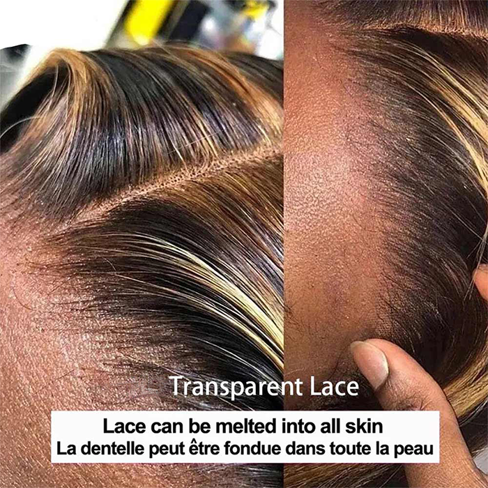 Black Roots Body Wave 4/27 Ombre Highlight Transparent Lace Frontal Human Hair Wigs