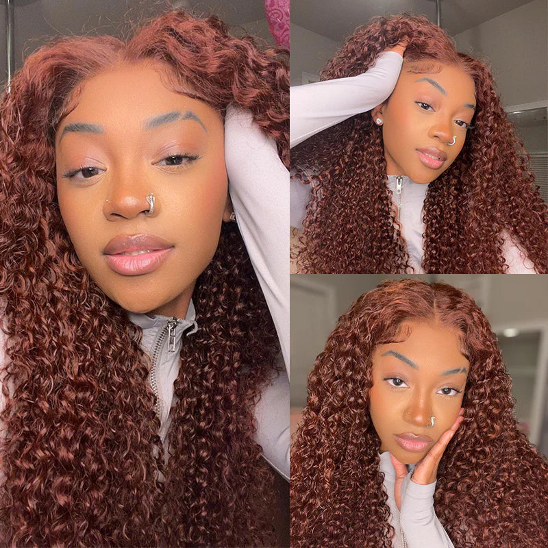 Zlike Pre Plucked Reddish Brown Kinky Curly Lace Front Human Hair Wigs Natural Hairline