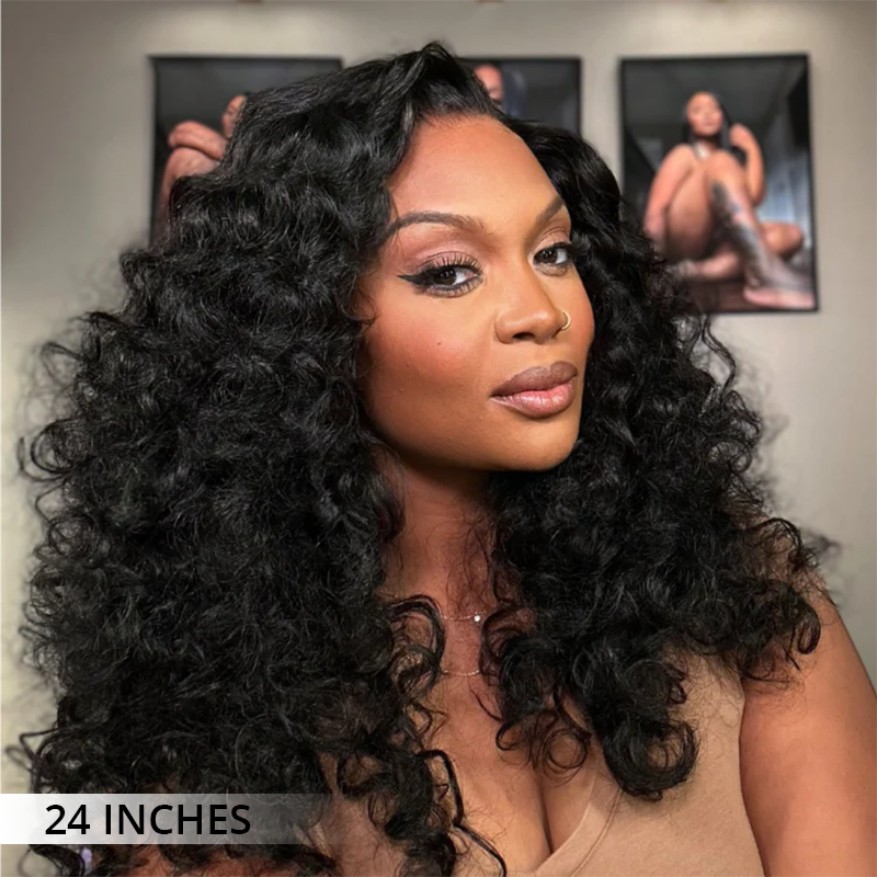 Zlike 300% Density Bouncy Loose Curl Glueless 7x5 Closure Pre-Cut Lace Curly Wigs Human Hair Breathable Cap Wigs For Women