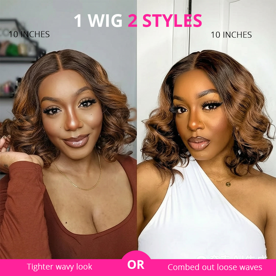 Zlike Brown Mixed Golden Color Loose Wave Human Hair Wigs Ombre Brown Lace Front Wigs with Drawstring
