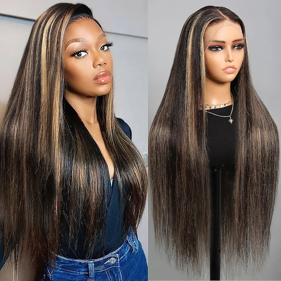 Balayage Highlight Colored Straight Wigs 13x4 Lace Frontal Wigs With Baby Hair