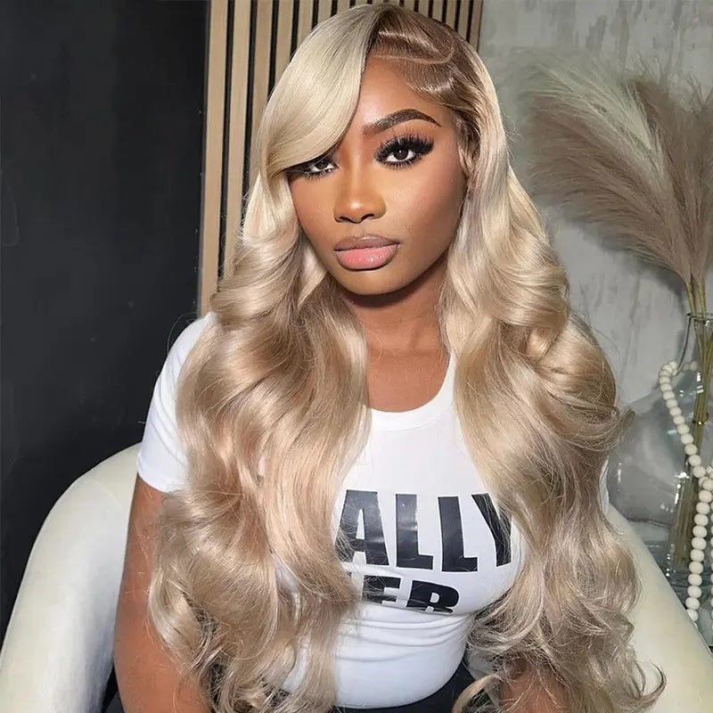 Zlike Ash Blonde Wigs with Dark Roots Drawstring Glueless 13x4 Transparent Lace Human Hair Wigs