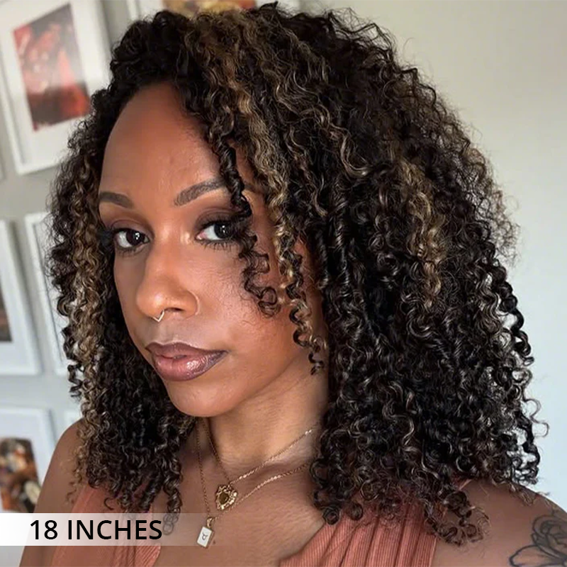 Zlike Highlight Brown Kinky Curly Half Wig Draw-strings Flip Over Wigs 100% Human Hair