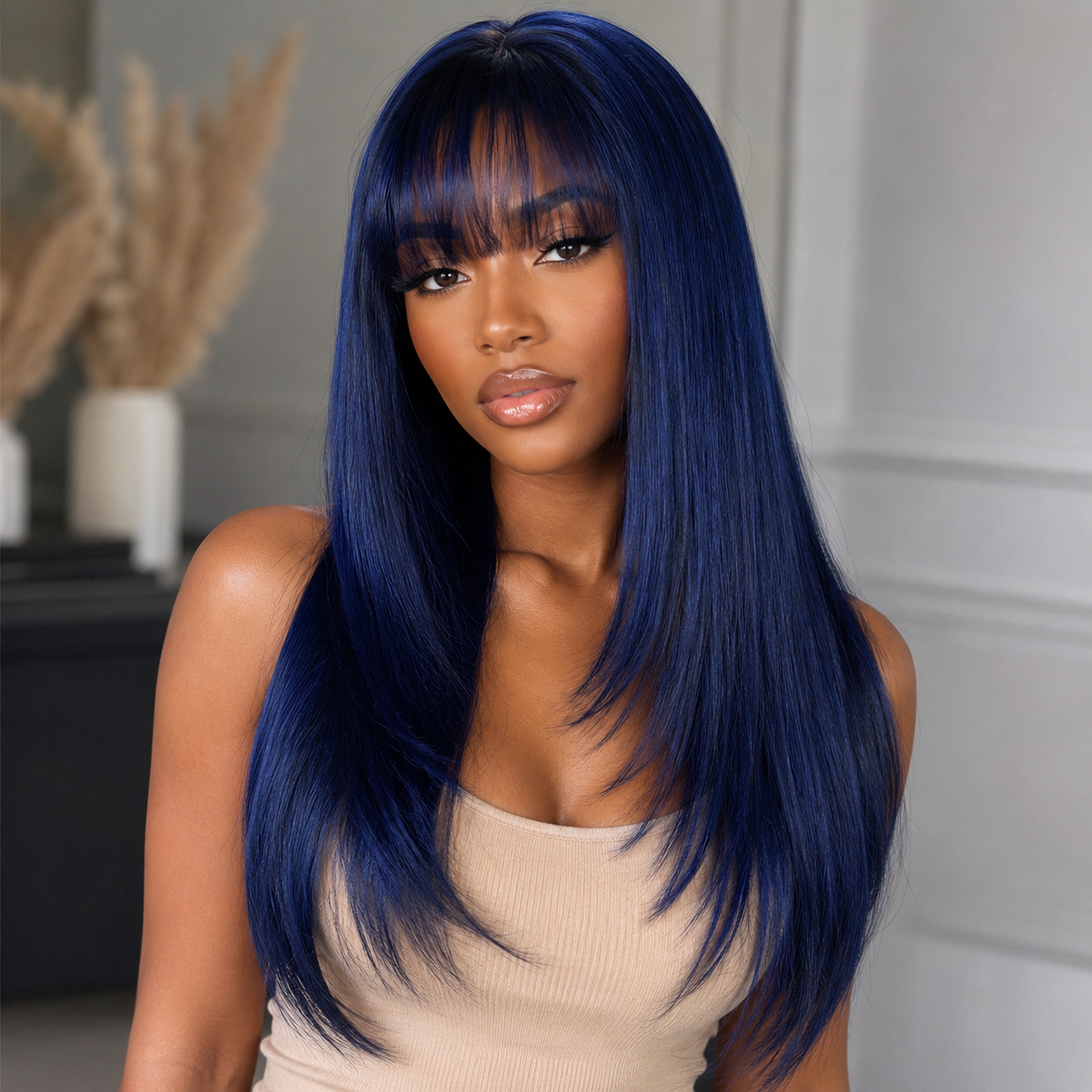 Zlike Dark Blue Wear & Go Glueless Synthetic Lace Front Wig Pre-Cut Pre-Plucked Long Layered Straight Wig