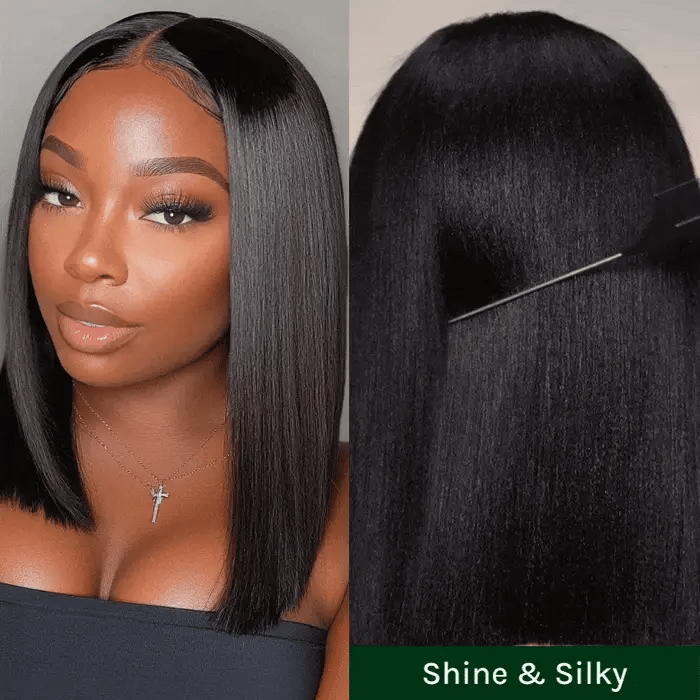 Zlike Yaki Straight Bob Pre Cut Lace Closure Wigs Human Hair Put On and Go Glueless wigs