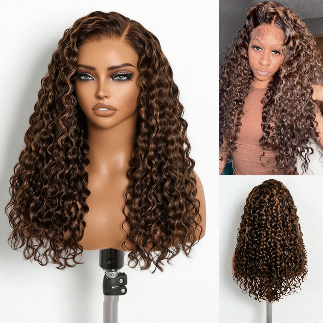 Zlike PartingMax Brown Highlights Funmi Curly 7x5 Closure Lace Glueless Wigs with Drawstring Pre-Cut Lace