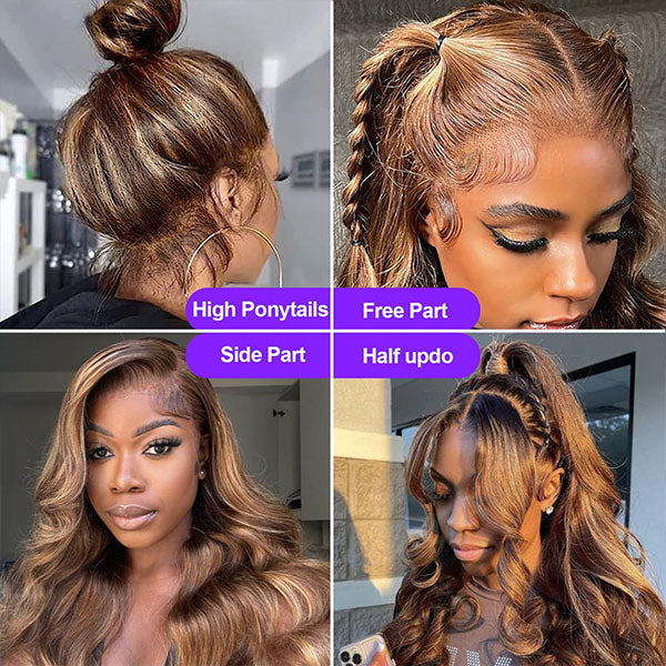 Black Roots Body Wave 4/27 Ombre Highlight Transparent 360 Lace Frontal Human Hair Wigs