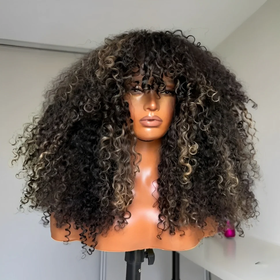 Styled Wig | Blonde Highlight Glueless No Lace Curly Human Hair Wigs With Bangs