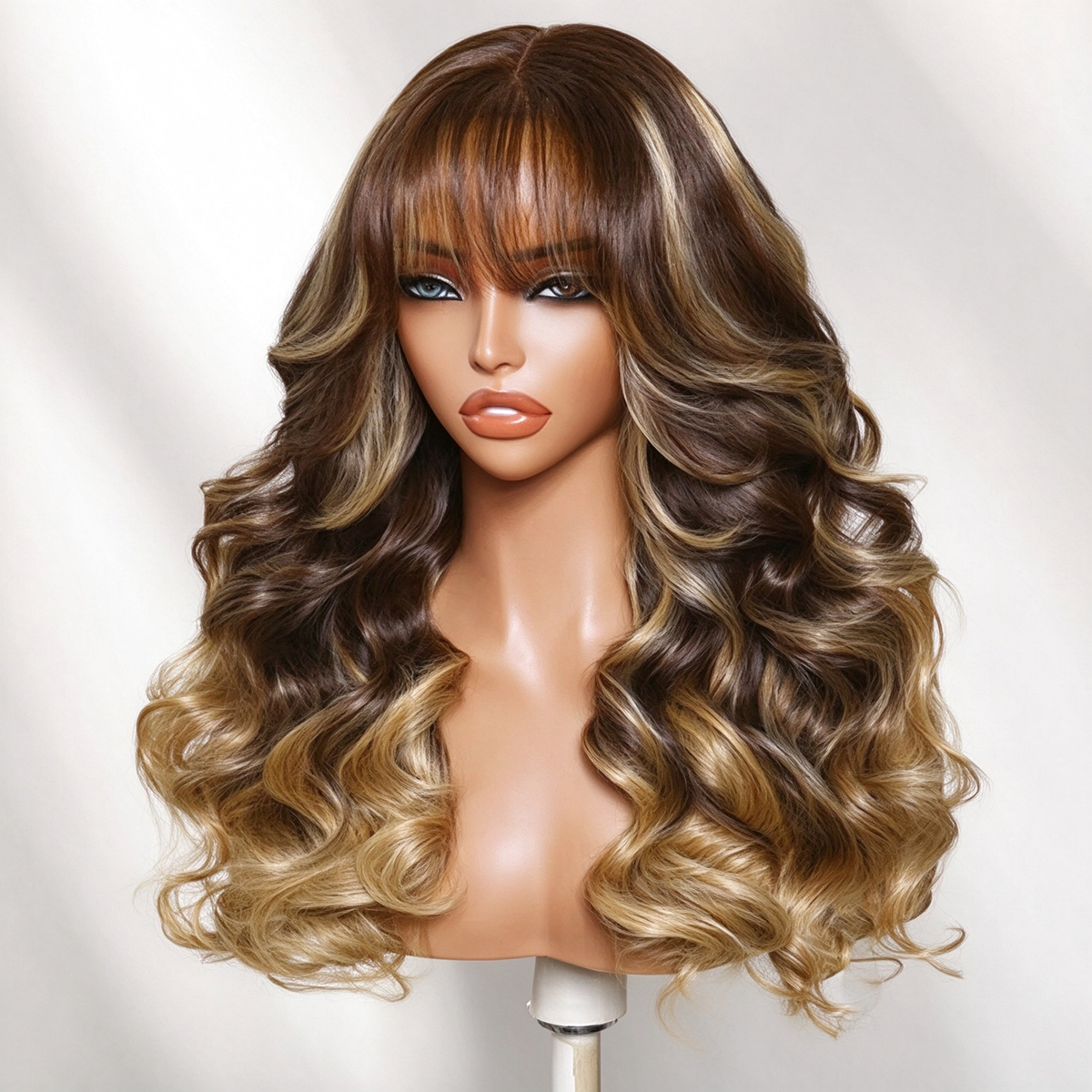 Zlike 7x5 Glueless Lace Wigs Chocolate Brown to Caramel Honey Blonde Ombre Body Wave Human Hair With Wispy Bangs
