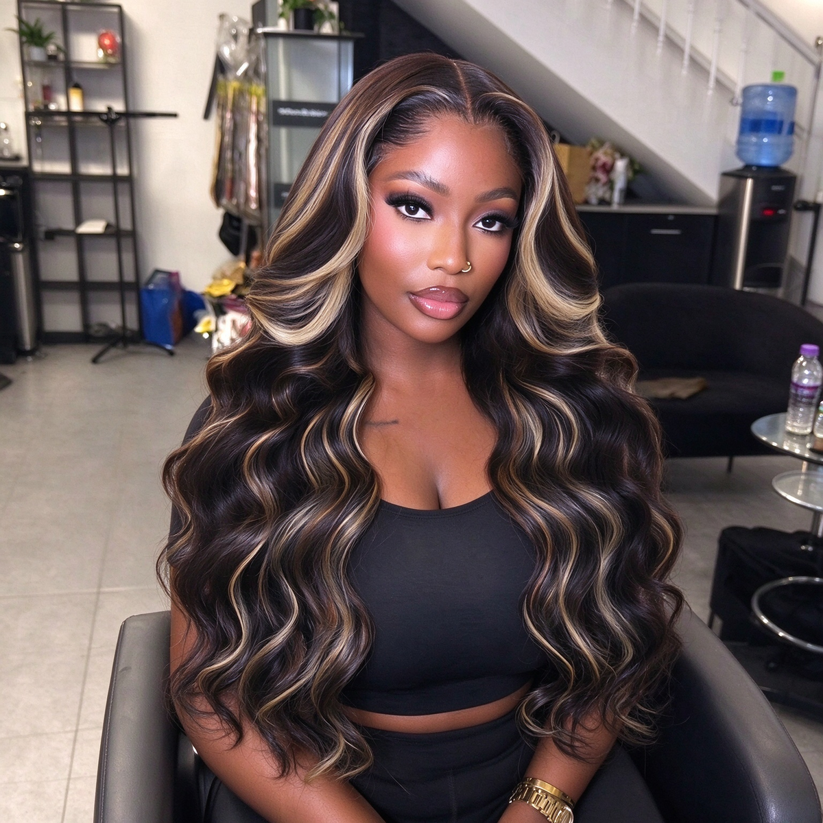Zlike Black with 613 Blonde Highlights Body Wave Human Hair Wig Transparent Lace Lace Front Wigs