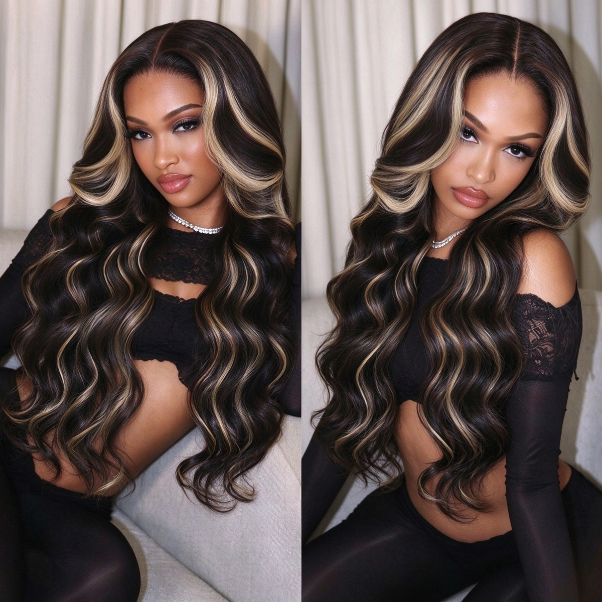 Zlike Black with 613 Blonde Highlights Body Wave Human Hair Wig Transparent Lace Lace Front Wigs