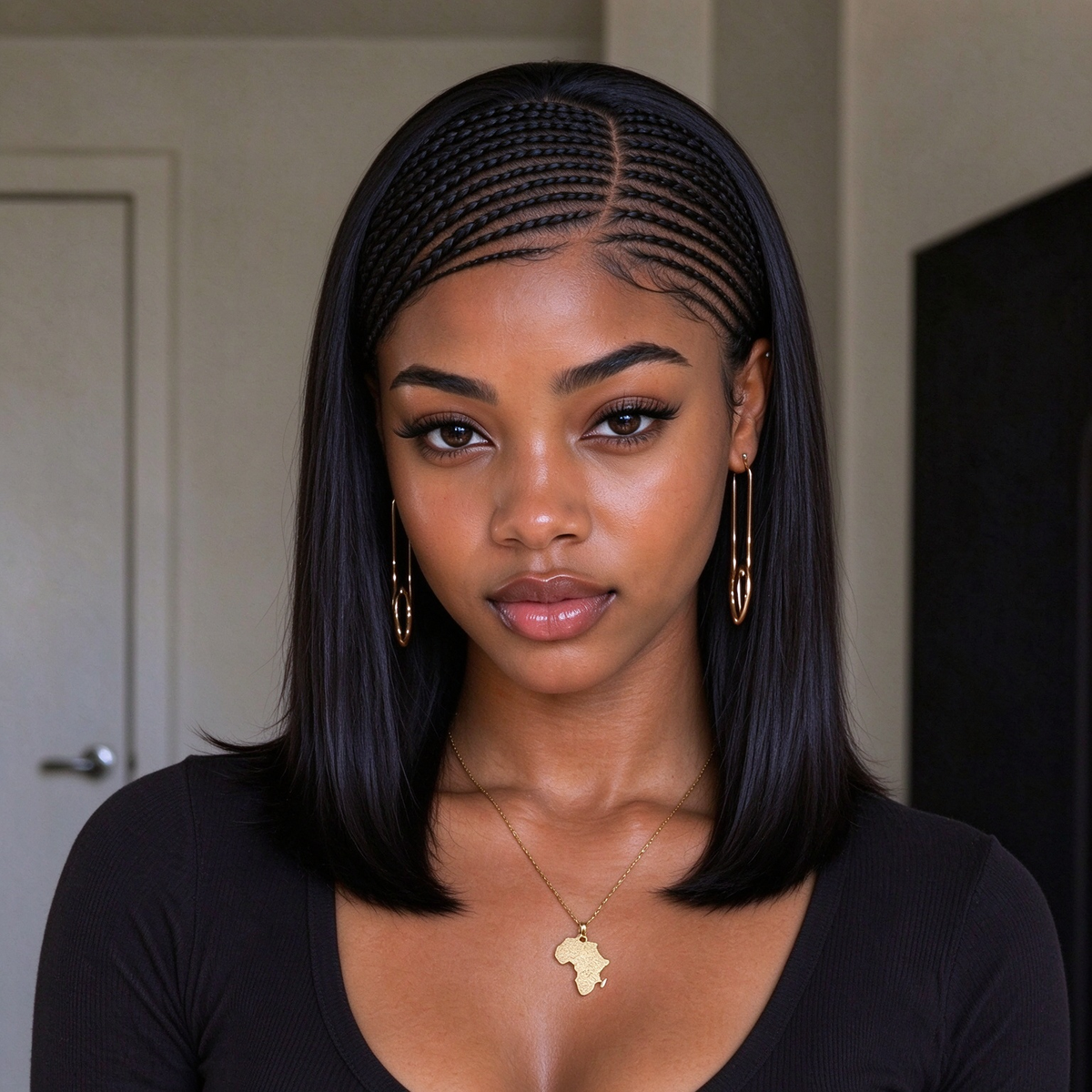 Zlike Fulani Braids Natural Black Straight Frontal Lace Bob Wig Pre-Cut 13x4 Transparent Lace Wigs Pre-Braided Bob Wigs