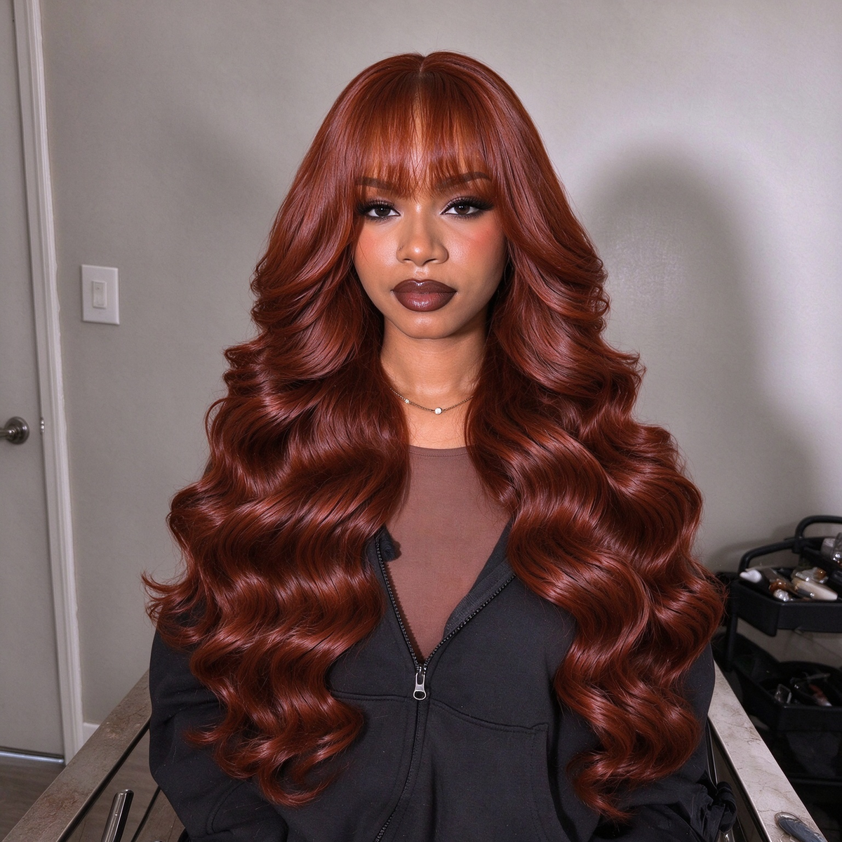 Zlike Loose Body Wave with Bangs Reddish Brown Glueless Lace Frontal Wig Human Hair Wigs