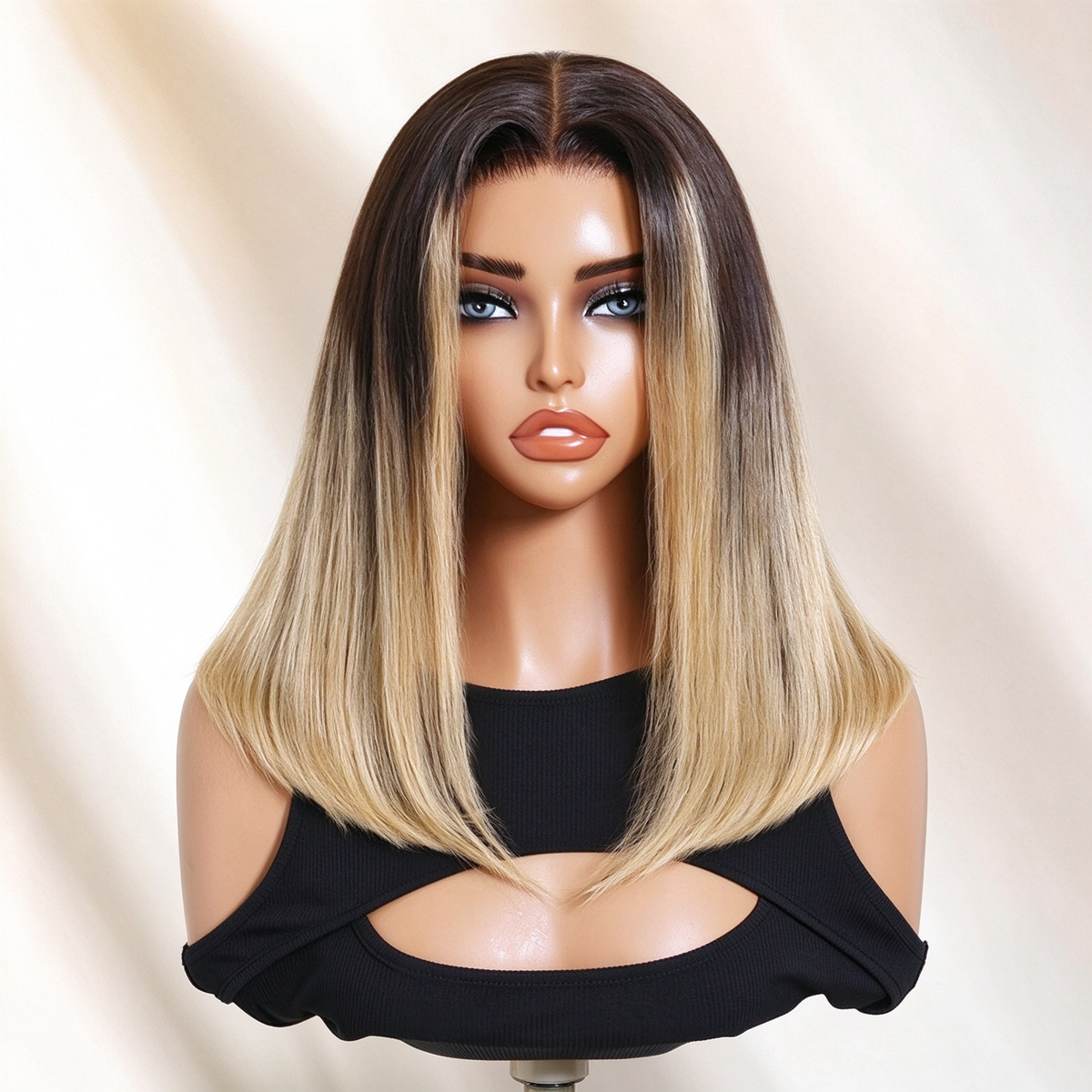 Zlike Dark Brown to Blonde Ombre Straight Bob Lace Frontal Wig Human Hair Wigs
