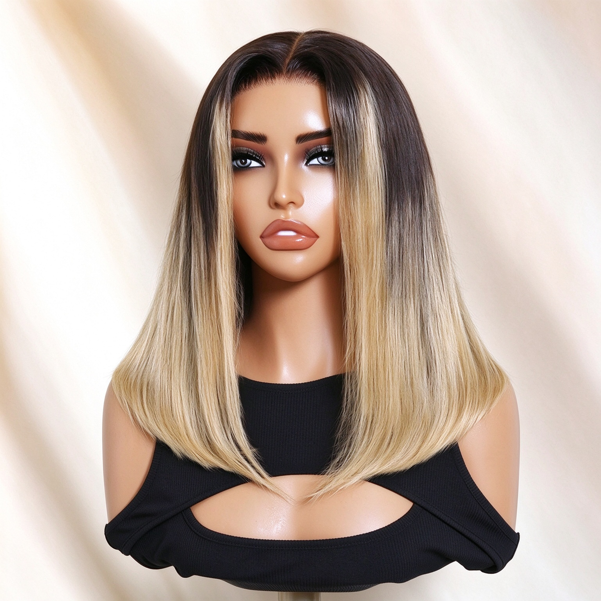 Zlike Dark Brown to Blonde Ombre Straight Bob Lace Frontal Wig Human Hair Wigs