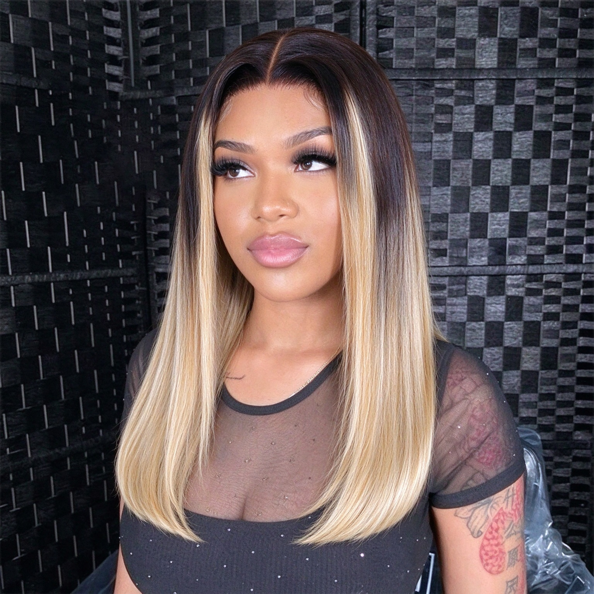 Zlike Dark Brown to Blonde Ombre Straight Bob Lace Frontal Wig Human Hair Wigs