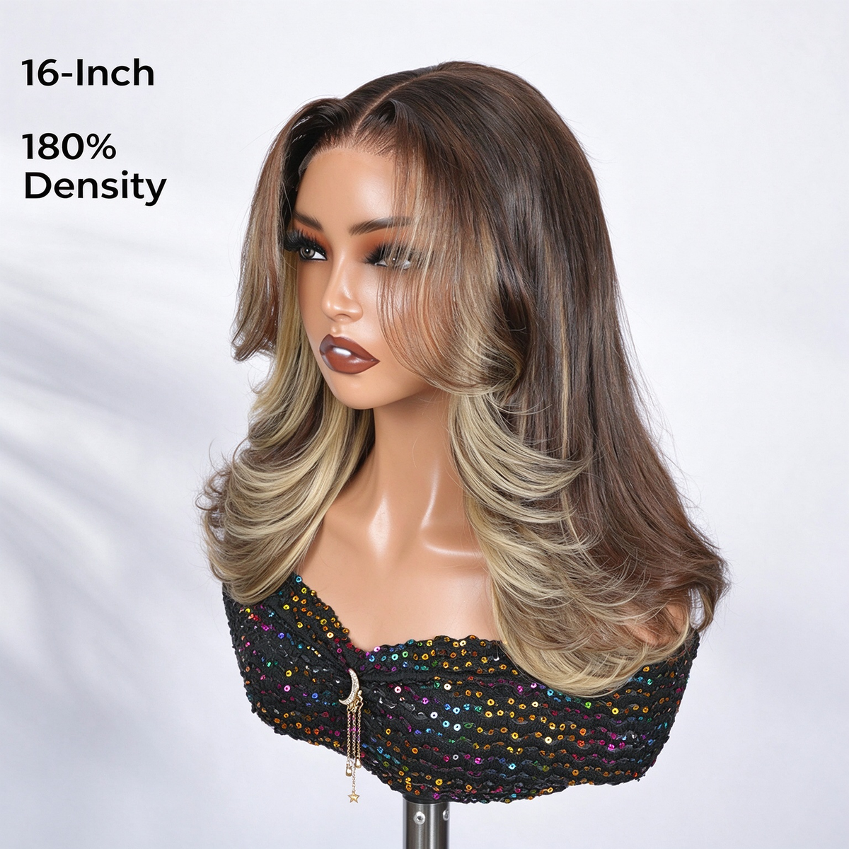 Zlike Blonde Highlight Blowout Wig Lace Front Wig with Curtain Bangs