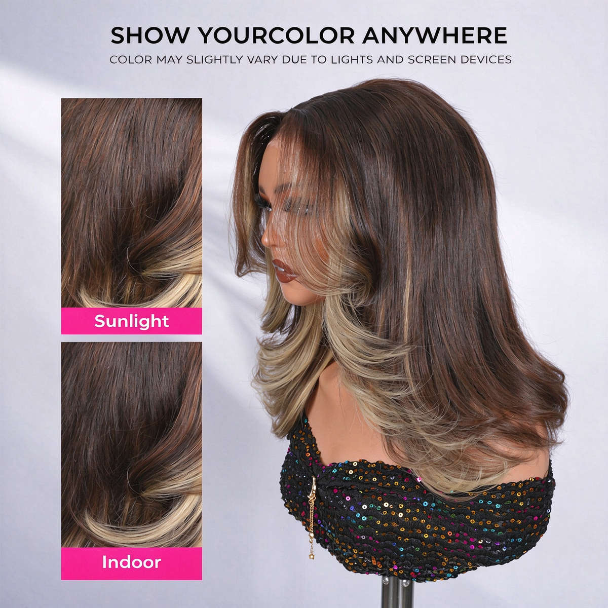 Zlike Blonde Highlight Blowout Wig Lace Front Wig with Curtain Bangs
