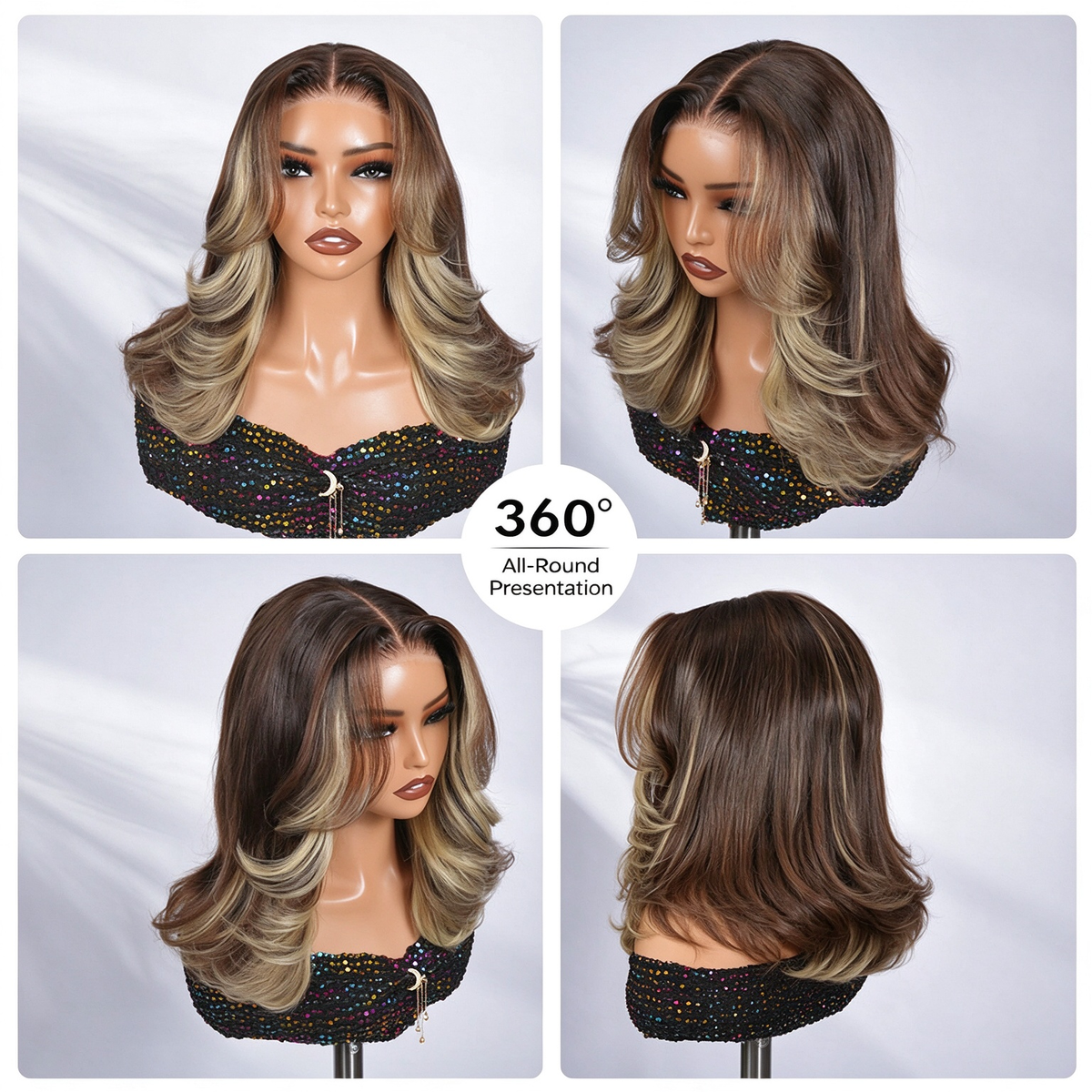 Zlike Blonde Highlight Blowout Wig Lace Front Wig with Curtain Bangs