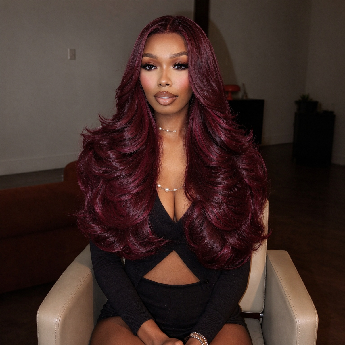 Zlike #99J Burgundy Red Highlight Body Wave Glueless Wig with Layers Human Hair Wigs