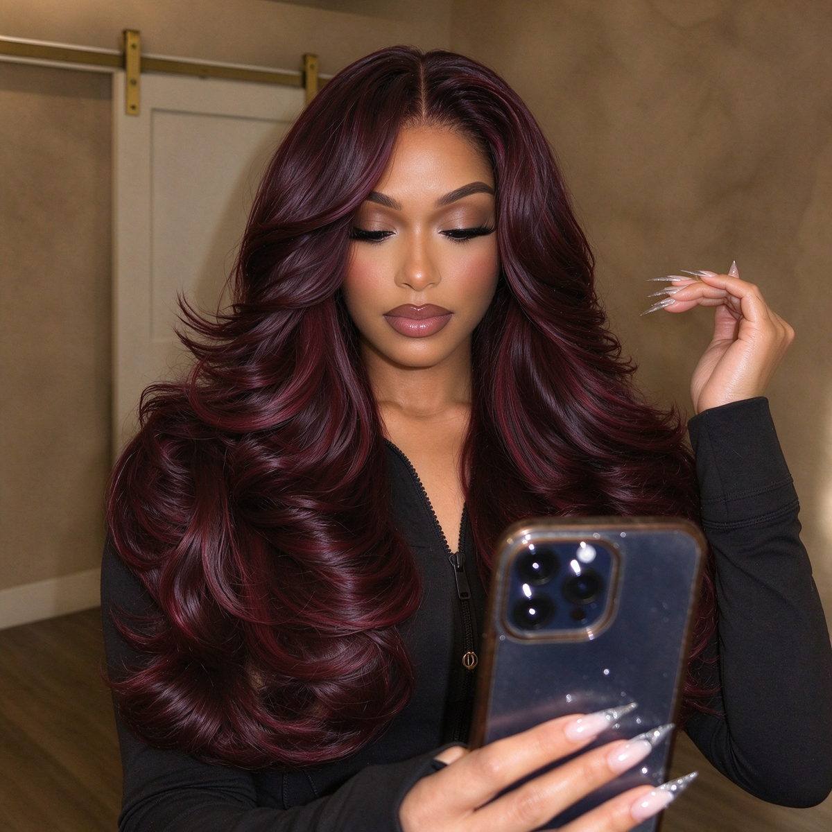 Zlike #99J Burgundy Red Highlight Body Wave Glueless Wig with Layers Human Hair Wigs