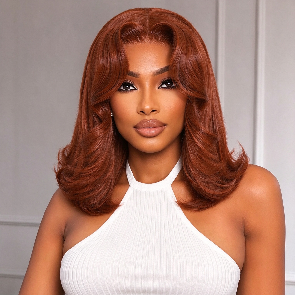 Zlike Copper Auburn Straight Bob Wig with Face-Framing Layers & Flipped Ends Human Hair Wig