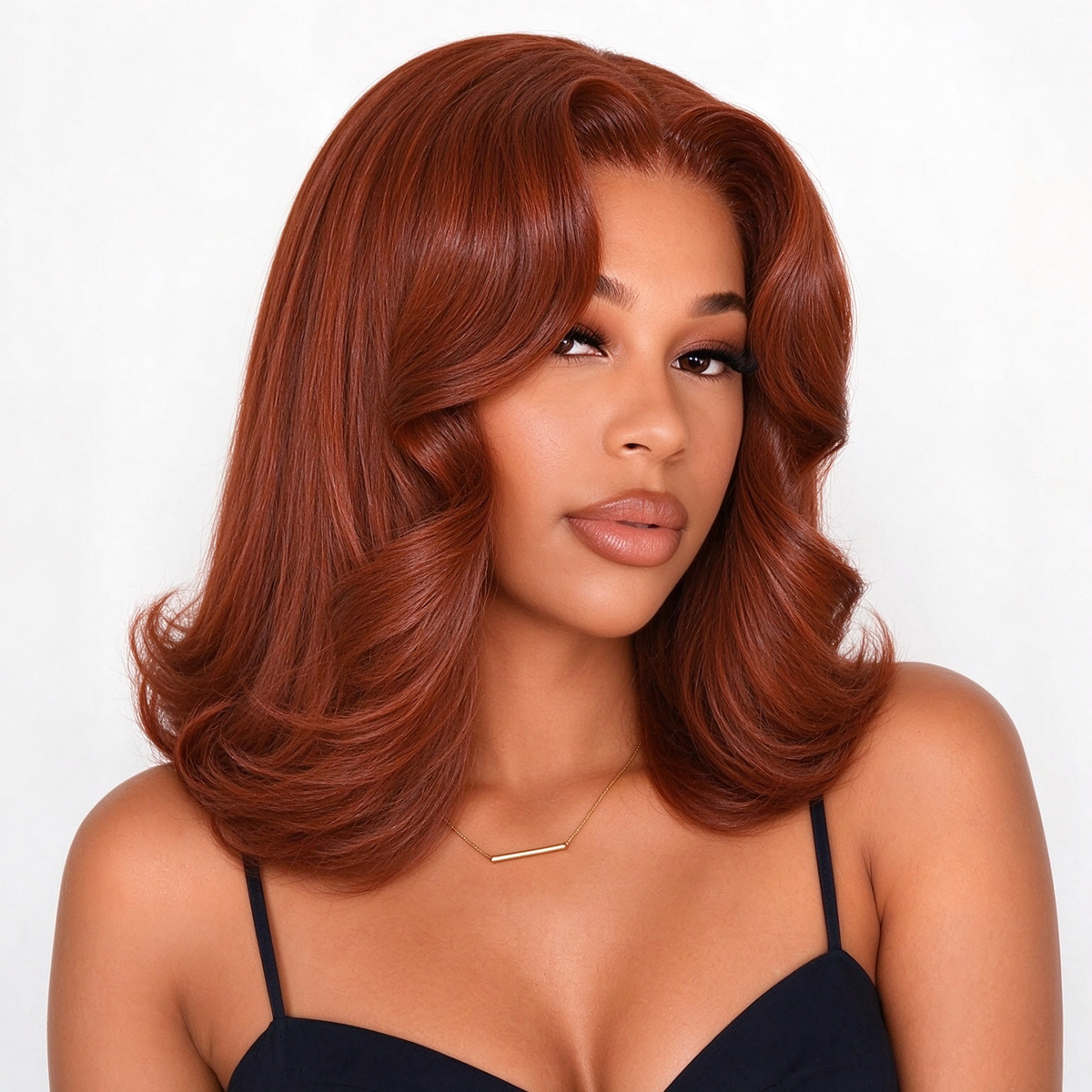 Zlike Copper Auburn Straight Bob Wig with Face-Framing Layers & Flipped Ends Human Hair Wig
