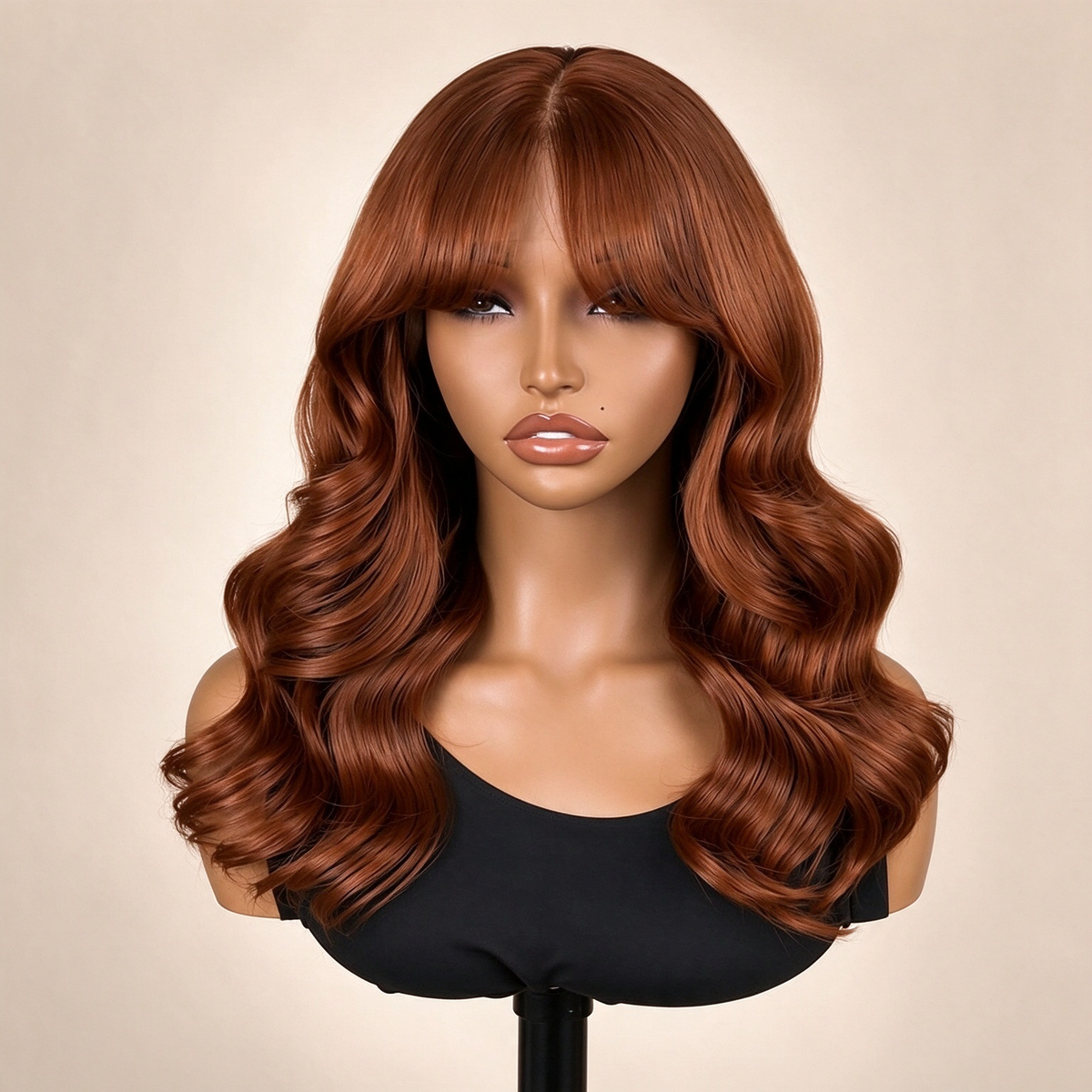 Zlike Copper Ginger Body Wave Wig with Fringe Bang Transparent Lace Front Wigs Human Hair Wig
