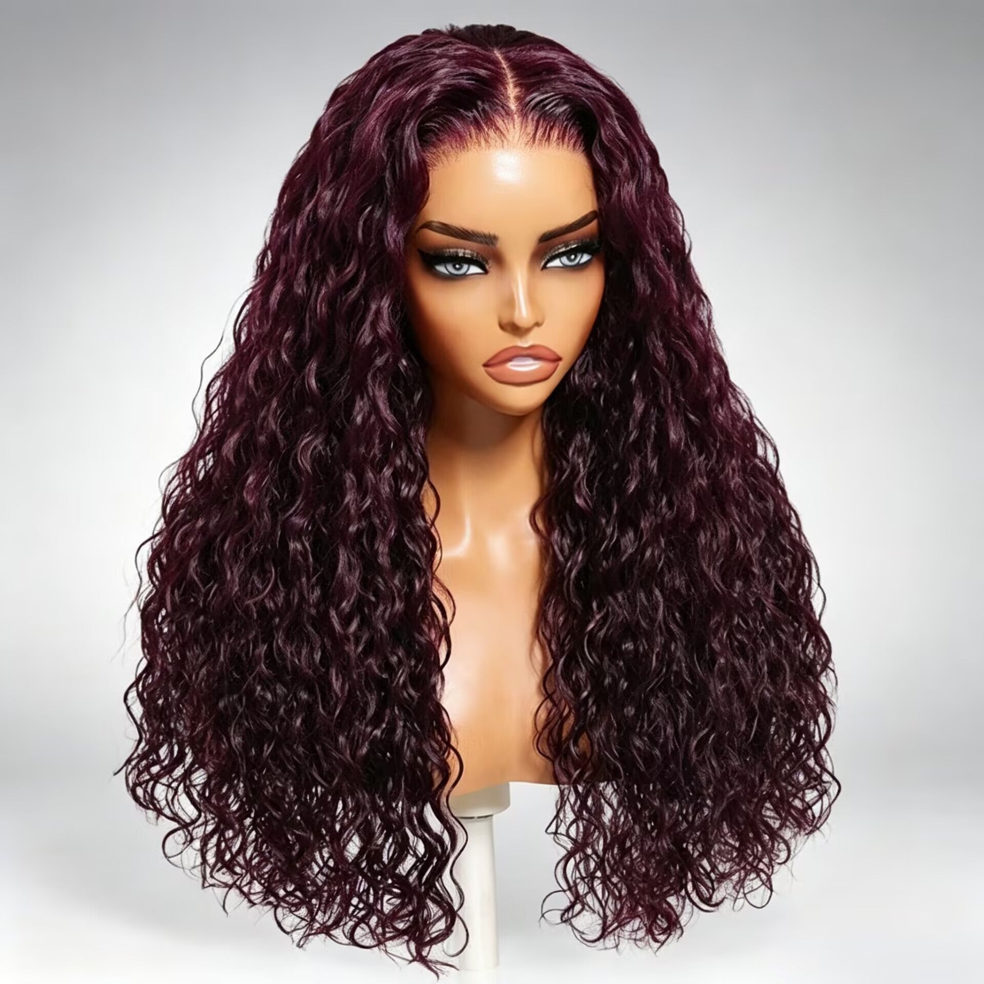 Zlike Dark Plum Black Cherry Water Wave Human Hair Wig Glueless Drawstring Lace Frontal Wig Invisible Lace Natural Hairline