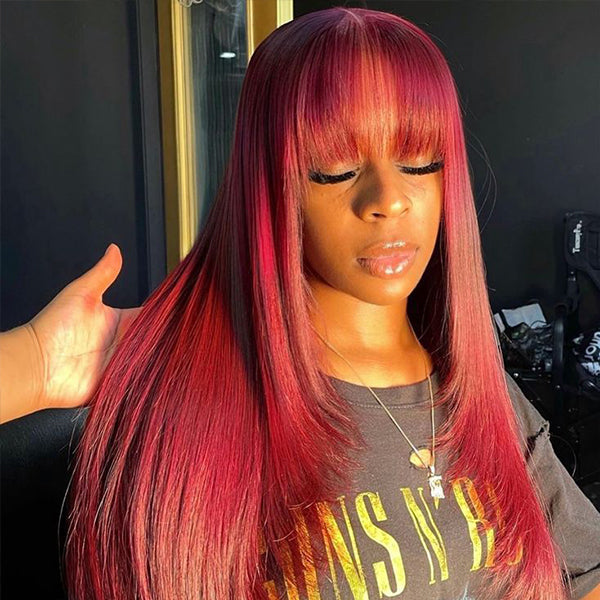 $189 = 3Wigs | Glueless Wear & Go 99J Straight Wig With Bangs + Glueless 1x2 Top Lace Closure Straight Wig With Bangs + Bob 13x4 Lace Front Straight Wig