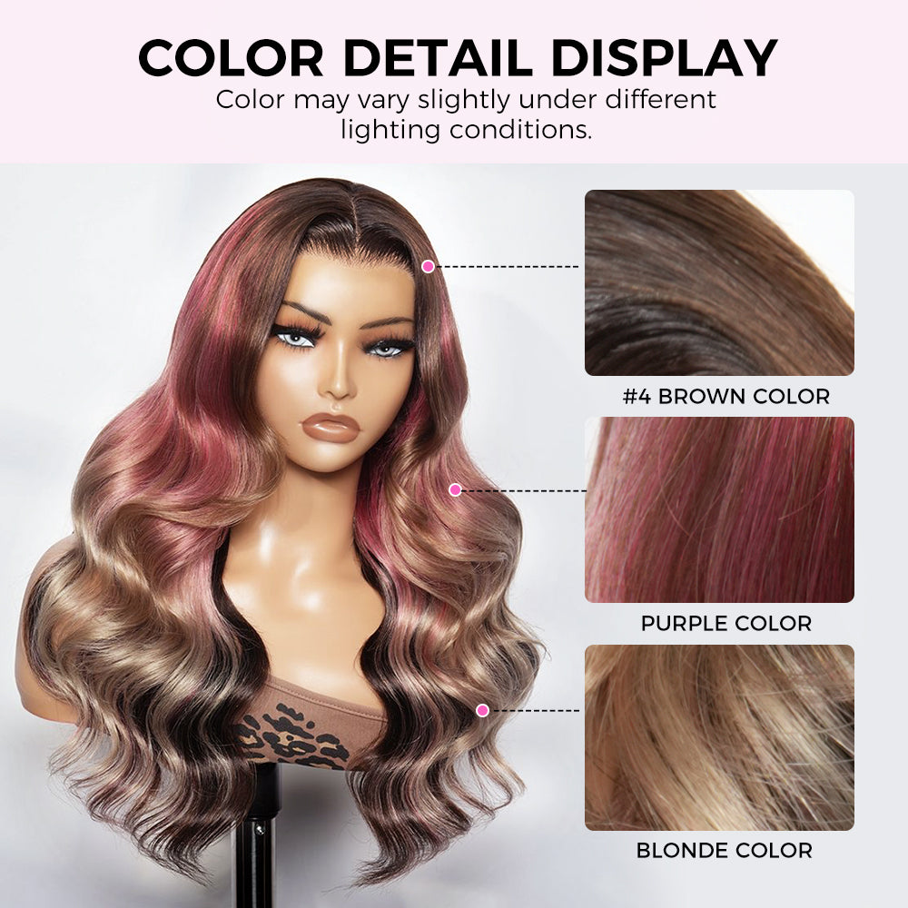 Zlike Pink Money Piece Smoky Ombre Body Wave Human Hair Glueless Wigs Pre-Cut 13x4 Transparent Lace Wigs