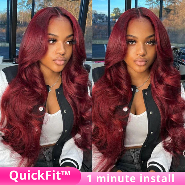 Glueless Pre Cut Invisi-Band 360 Lace Frontal Wig 99J Burgundy Body Wave Human Hair Wigs