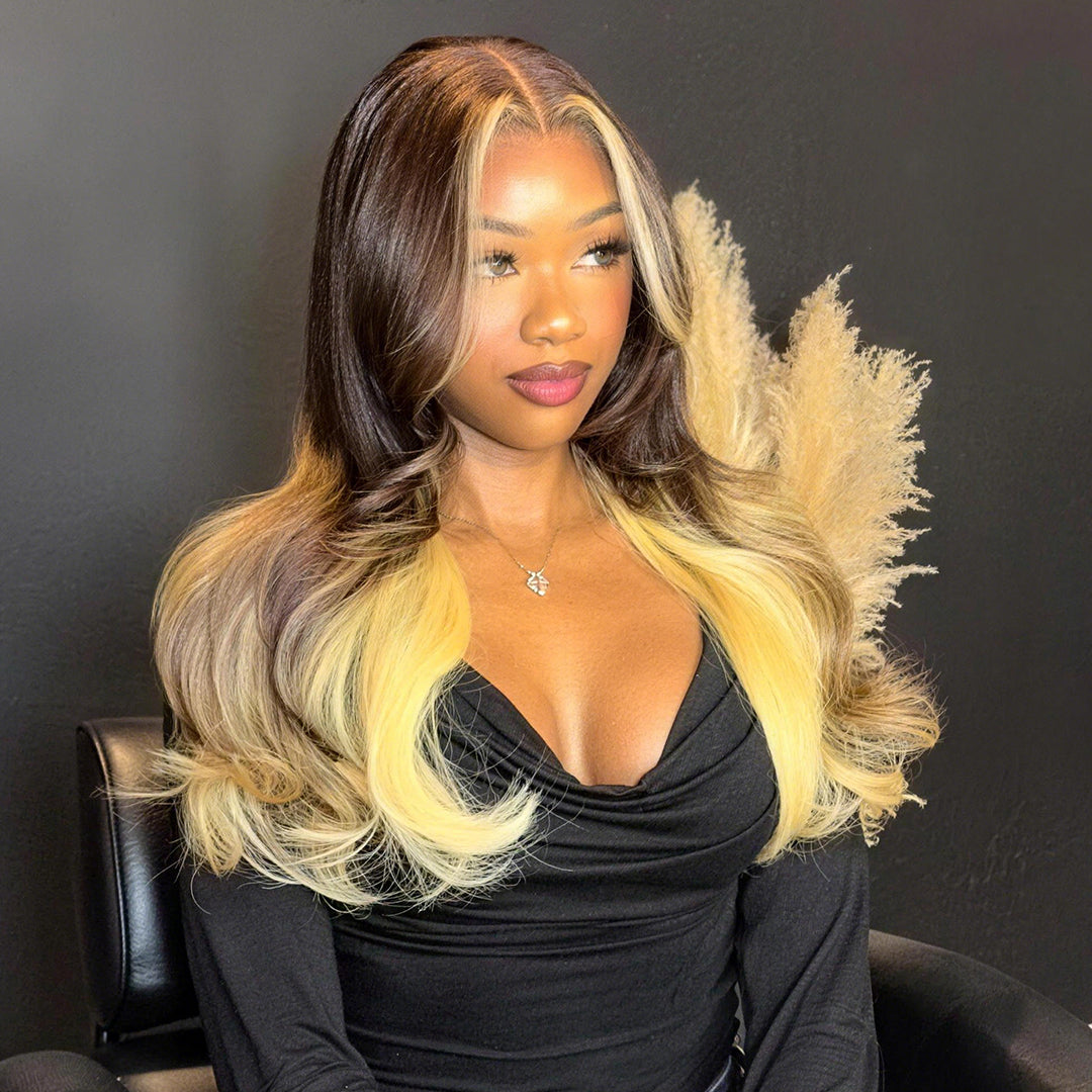 Zlike Honey Blonde Mixed Layered Cut Drawstring Glueless Lace Front Wigs Pre Plucked Transparent Lace Human Hair Wigs