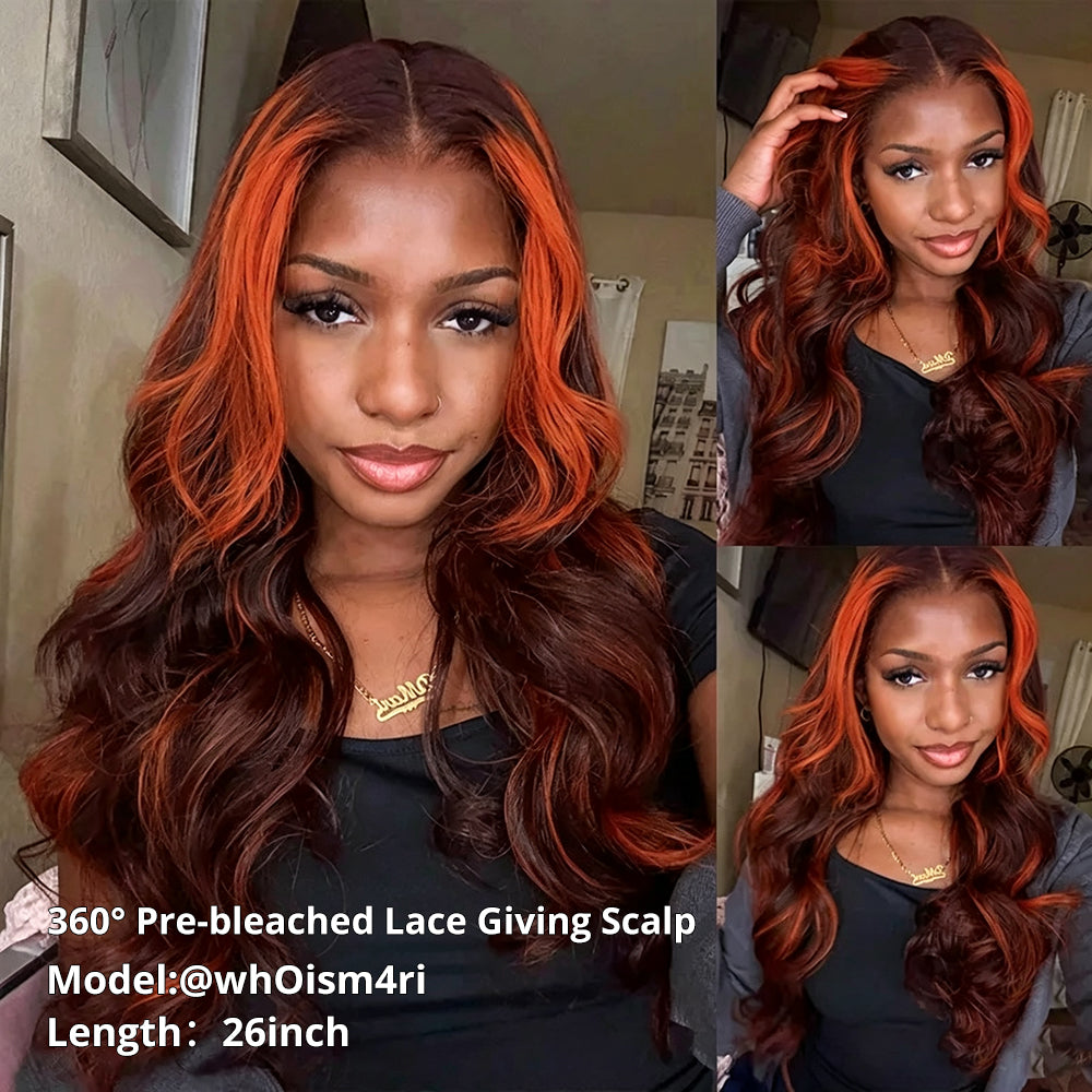 Zlike Ginger Highlight Body Wave Wig 360 Lace Frontal Invisi Strap Snug Fit Human Hair Wigs