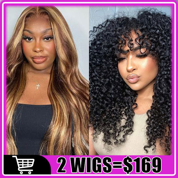 169=2 Wigs Ombre Blonde Highlight 5x5 Pre Cut Lace Wig + Curly Wig With Bangs Machine Made Flash Sale