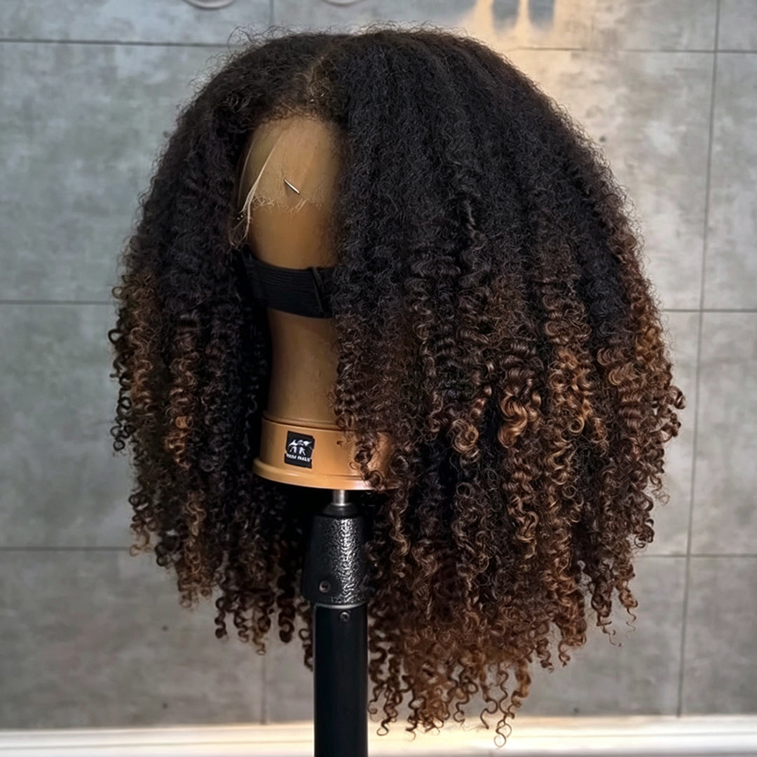 Zlike Ombre Black Brown Fluffy Afro Curly Coils Short Bob 4x4 Lace Frontal Human Hair Wigs