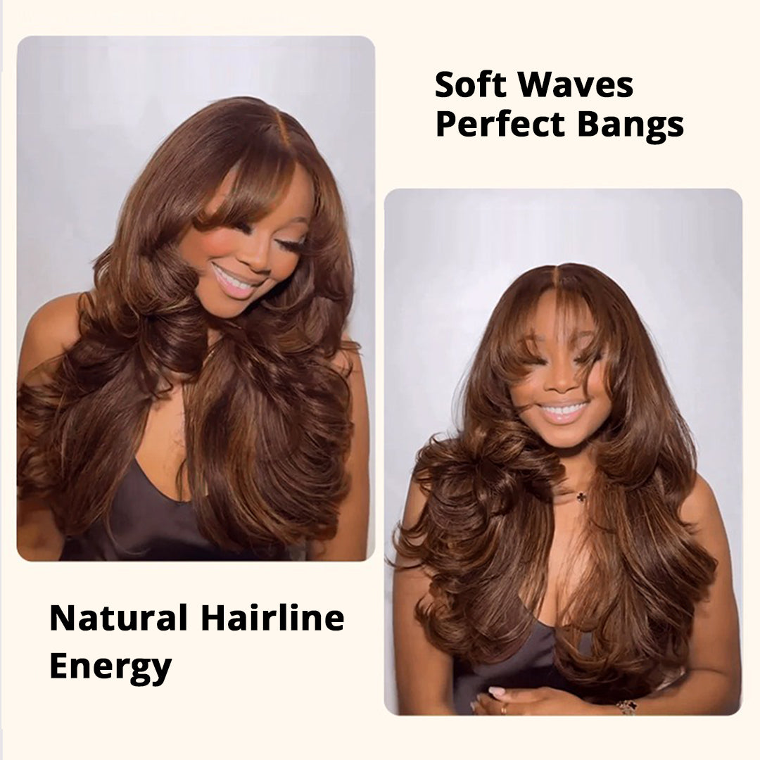 Zlike #4 Dark Brown Body Lace Front Glueless Wigs With Curtain Bangs