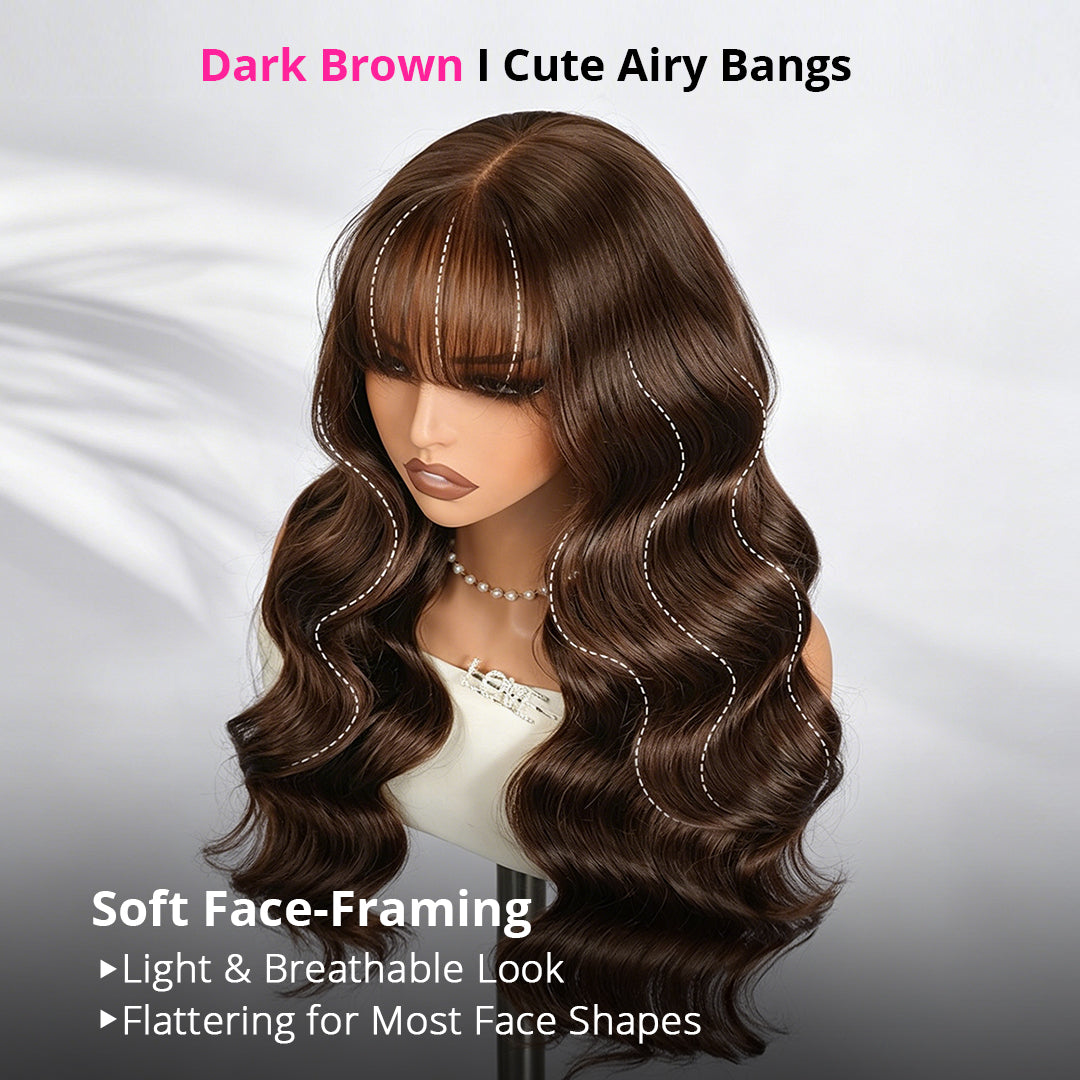 Zlike #4 Dark Brown Body Lace Front Glueless Wigs With Curtain Bangs