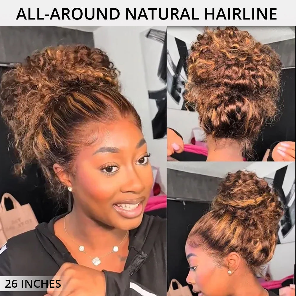 Water Wave Invisi-Band 360 Lace Frontal Wigs Highlight Honey Blonde Glueless Human Hair Wigs