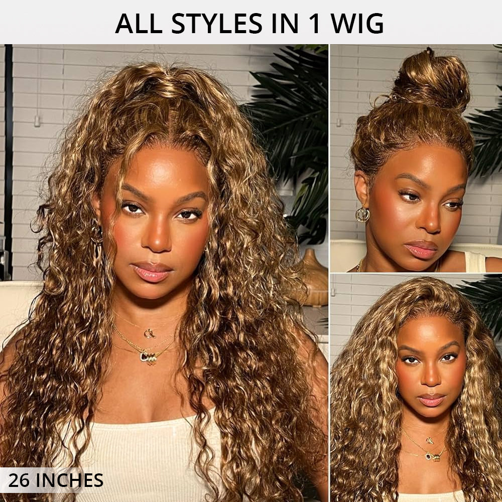 Water Wave Invisi-Band 360 Lace Frontal Wigs Highlight Honey Blonde Glueless Human Hair Wigs