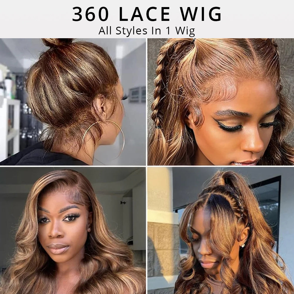 Black Roots Body Wave 4/27 Ombre Highlight Transparent Lace Frontal Human Hair Wigs High Density