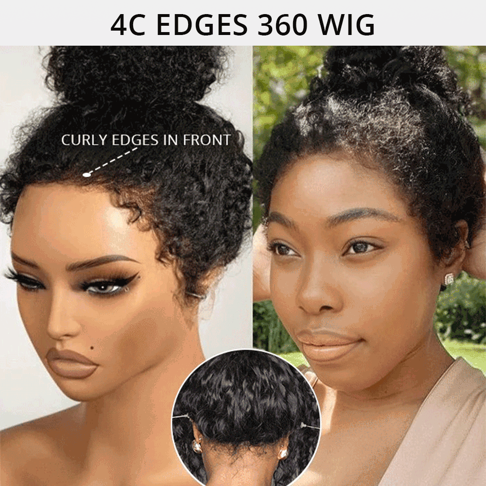 Zlike 4C Curly Edge 300% Density Human Hair Wigs Water Wave Pre Cut Glueless Invisi-Band 360 Lace Frontal Wigs