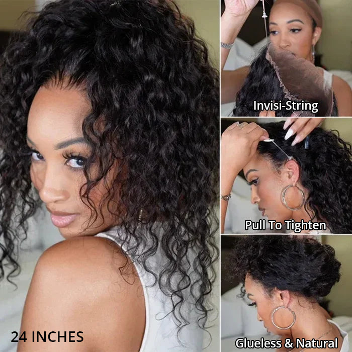 Pre Cut Glueless Invisi-Band Water Wave 360 Lace Frontal Human Hair Wigs With Baby Hair