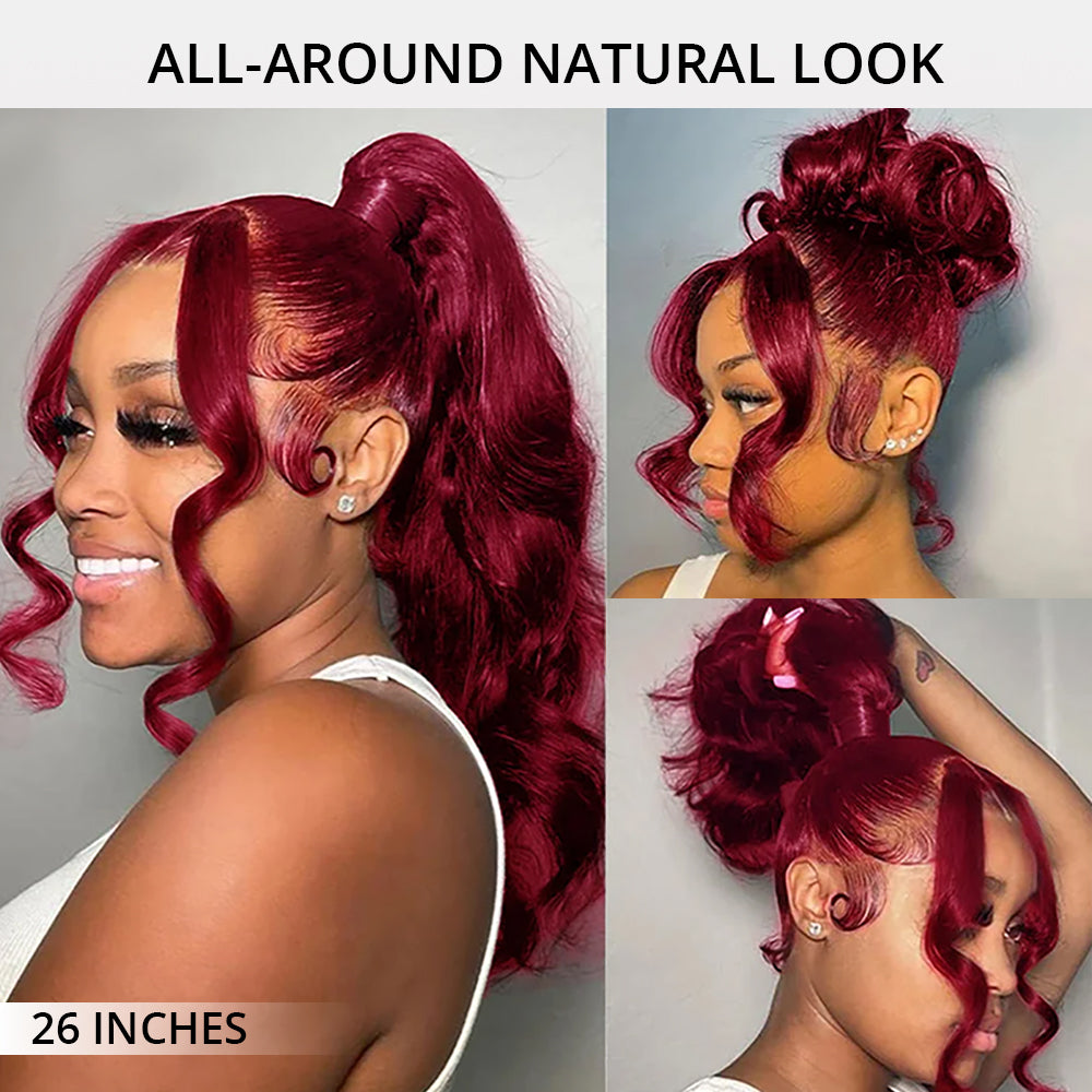 Glueless Pre Cut Invisi-Band 360 Lace Frontal Wig 99J Burgundy Body Wave Human Hair Wigs