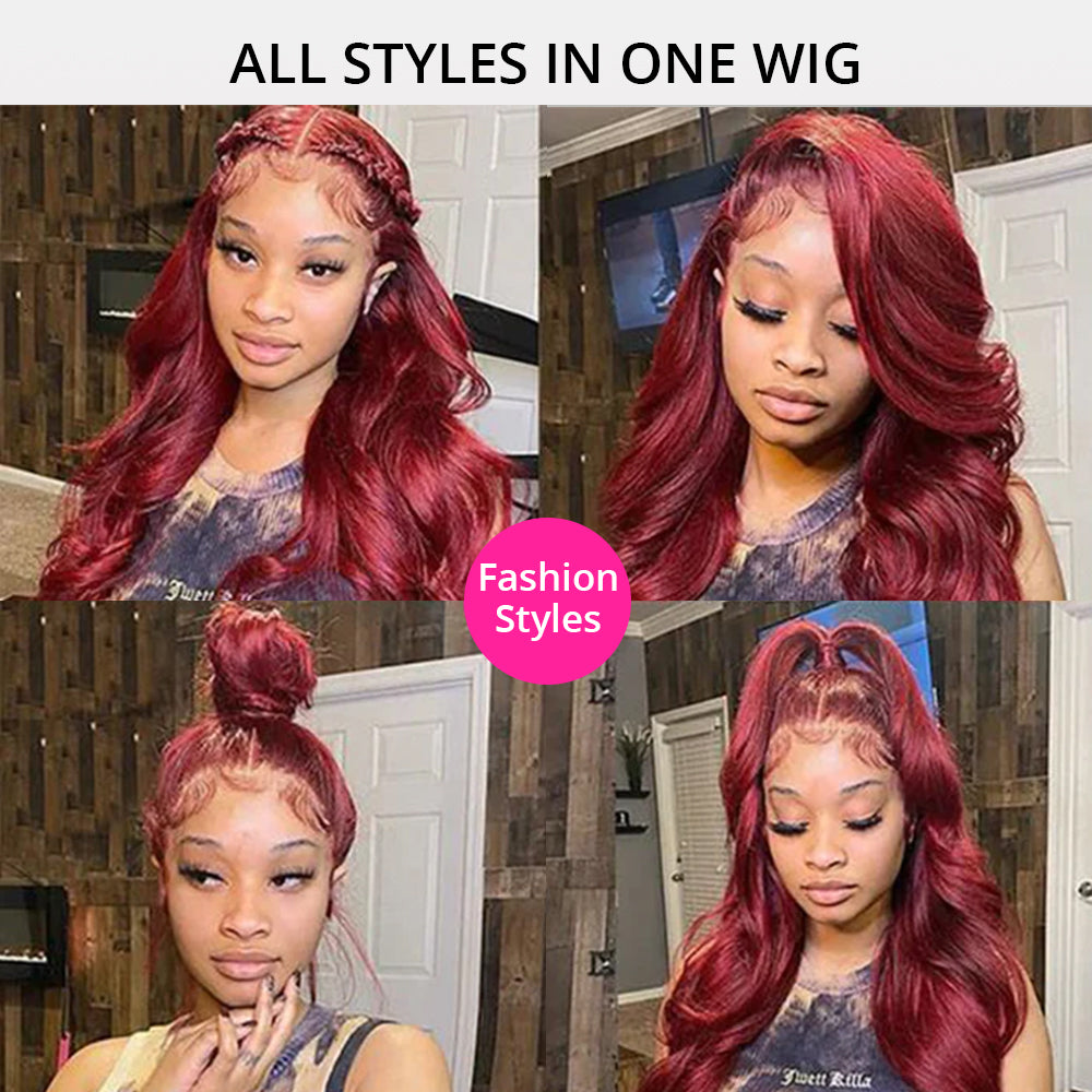 Glueless Pre Cut Invisi-Band 360 Lace Frontal Wig 99J Burgundy Body Wave Human Hair Wigs