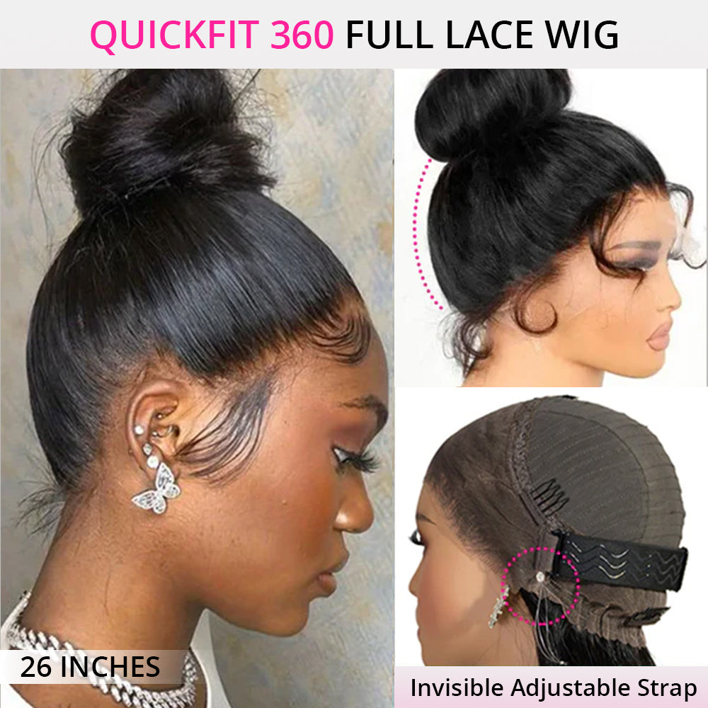 Glueless Pre Cut Straight 360 Lace Frontal Wig Invisi-Band Human Hair Wigs Natural Hairline